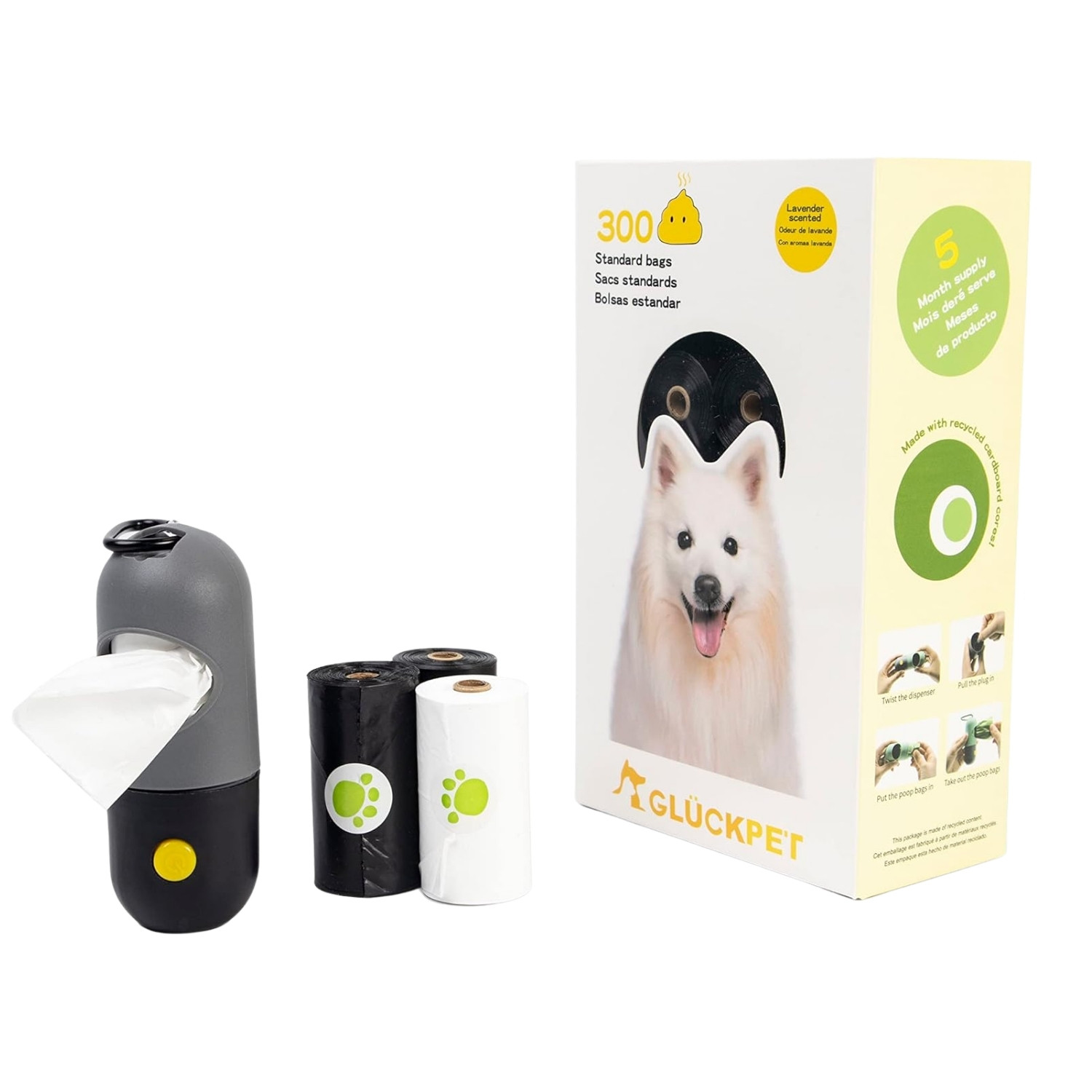Bolsas Biodegradables para Excrementos de Perros con Dispensador Fragancia Lavanda 300 Unidades Glückpet Bolsas de Basura para P
